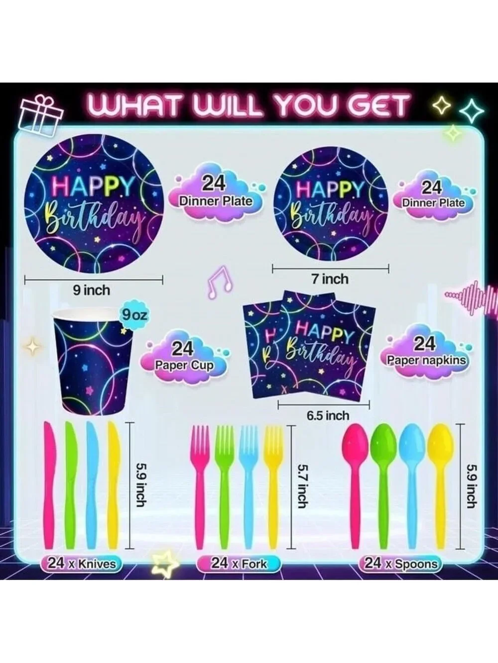 Neon Happy Birthday Party Tableware Set 168 Pcs